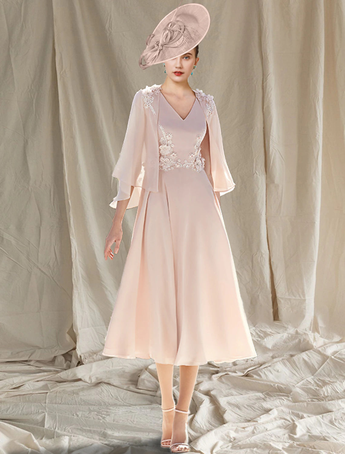 Wholesale Two Piece A-Line Mother of the Bride Dress Wedding Guest Church Elegant V Neck Tea Length Chiffon Sleeveless Wrap Included with Appliques
